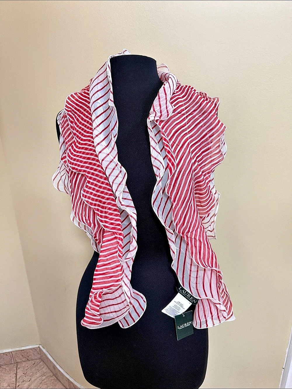 Lauren Ralph Lauren Ruffled Striped Silk 48Scarf Red & White NWT